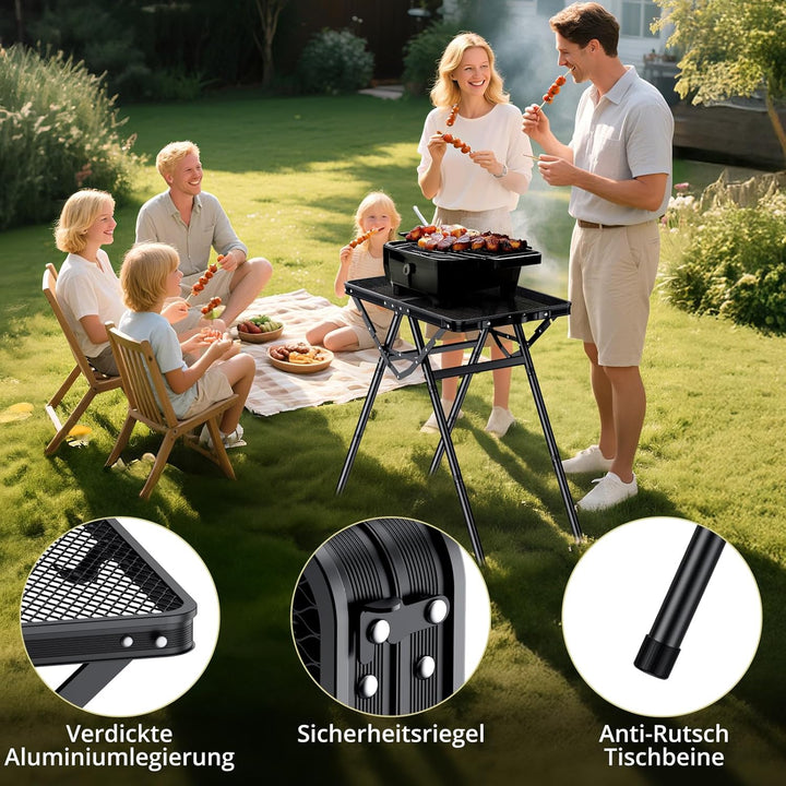 Anbte Campingtisch Grilltisch 60x40cm Metallgitter Tischplatte X-Rahmen Design mit 2 Verstellbare Hö