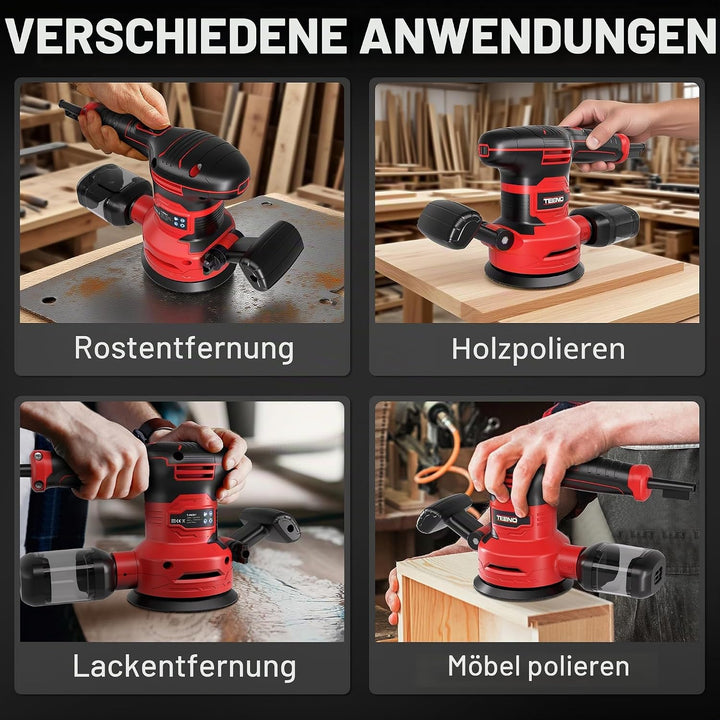 TEENO 450W Exzenterschleifer mit 6 Geschwindigkeiten, 13.000 U/min,Ø125/150mm Teller, 20 Schleifsche