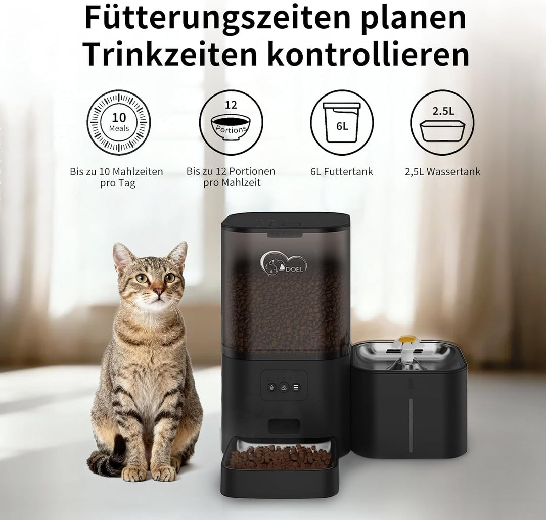 2-in-1-Automatik-Futter- und Wasserspender für Katzen, grossvolumiger 6-Liter-Trockenfutterspender +