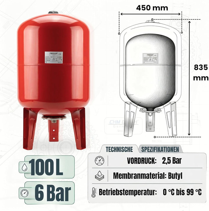 100 L Membrankessel vertikal, Stahltank, Druckkessel max. 6 Bar Ausdehungsgefäss