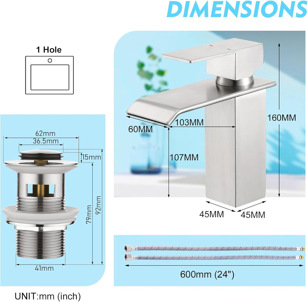 CREA Wasserhahn Bad Wasserfall, Waschtischarmatur mit Ablaufgarnitur, Mischbatterie Bad mit Wasserfa