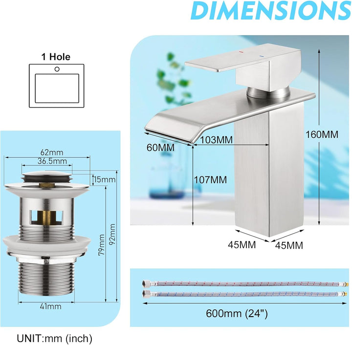 CREA Wasserhahn Bad Wasserfall, Waschtischarmatur mit Ablaufgarnitur, Mischbatterie Bad mit Wasserfa
