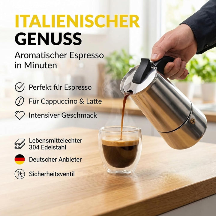 Coffee Fox® Espressokocher aus Edelstahl - Kaffeebereiter Kaffeekocher Espresso-Kanne (9 Tassen - 45