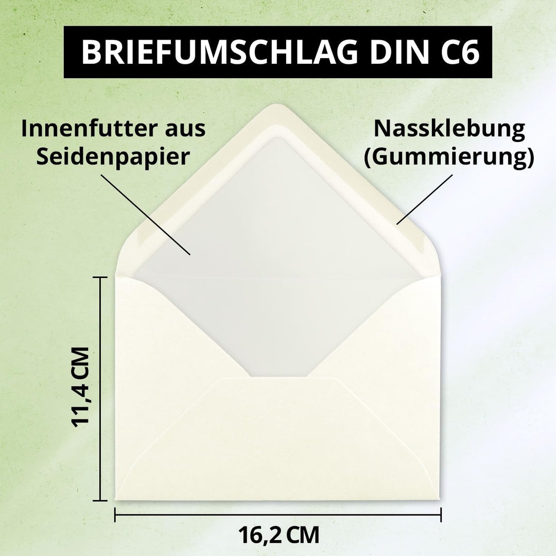 50 Briefumschläge Natur-Weiss - DIN C6 - gefüttert mit weissem Seidenpapier - 90 g/m² - 11,4 x 16,2