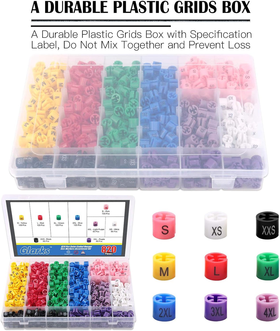 Glarks 820 Stück, 9 Farben, XXS – 4XL, farbige Kleidergrössenmarkierer, farbcodierte Grössenclips, S