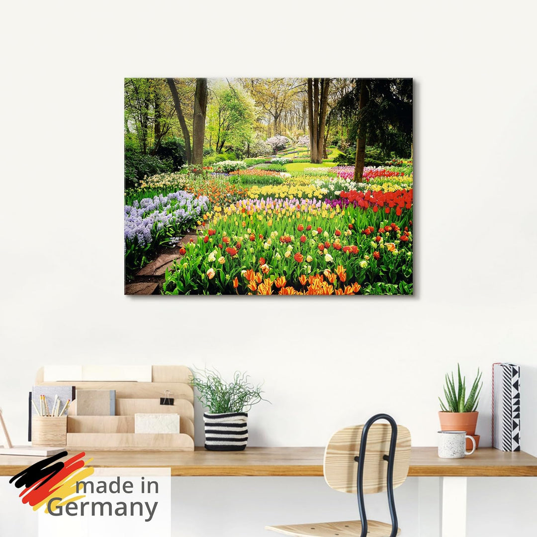 Glasbilder Wandbild Glas Bild einteilig 50x50 cm Quadratisch Blumenwiese Tulpen Blumen Frühling Natu