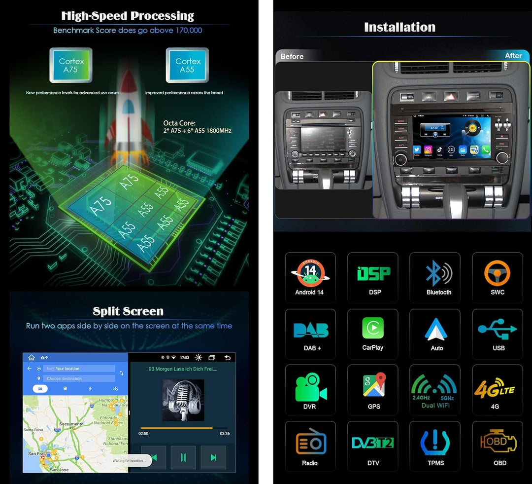 Erisin 7 Zoll Android 11.0 Autoradio mit GPS Navi für Porsche Cayenne Unterstützt Wireless CarPlay C