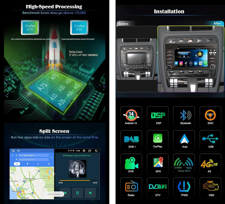 Erisin 7 Zoll Android 11.0 Autoradio mit GPS Navi für Porsche Cayenne Unterstützt Wireless CarPlay C