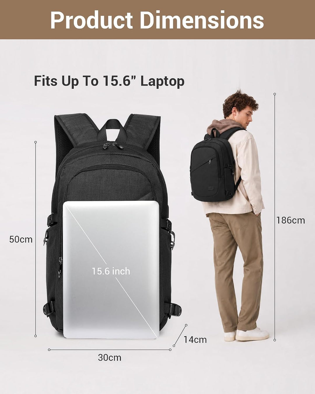 Kono Laptop-Rucksack Diebstahlsicherung Reisen Geschäft Arbeiten Computer Schwarz, Schwarz