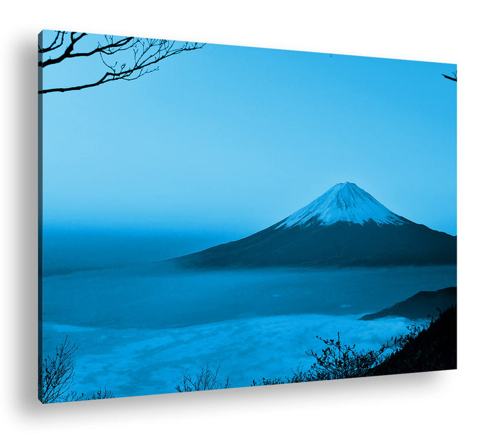 deyoli Fuji Vulkan in Japan Format 80x60 Effekt: Monocrome Blau als Leinwandbild, Motiv fertig gerah