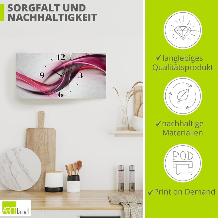 ARTLAND Wanddeko Wanduhr ohne Tickgeräusche Alu Quarzuhr 50x25 cm Eckig Lautlos 3D Design Welle Abst