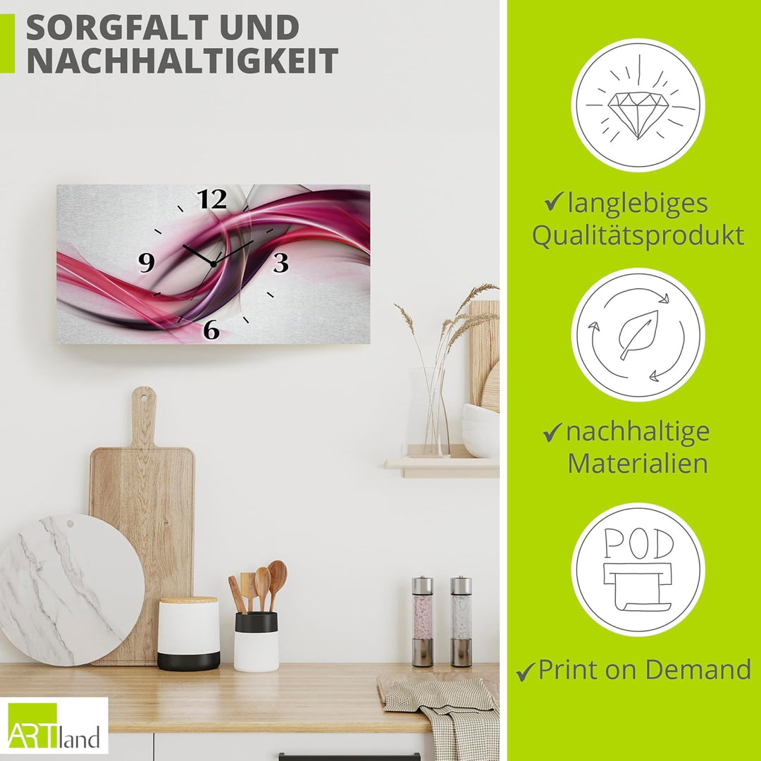 ARTLAND Wanddeko Wanduhr ohne Tickgeräusche Alu Quarzuhr 60x30 cm Eckig Lautlos 3D Design Welle Abst