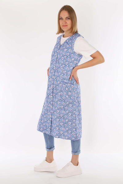 Knopfkittel Baumwolle bunt Kochschürze Hauskleid Kittel Schürze ohne Arm 40 Blau, 40 Blau