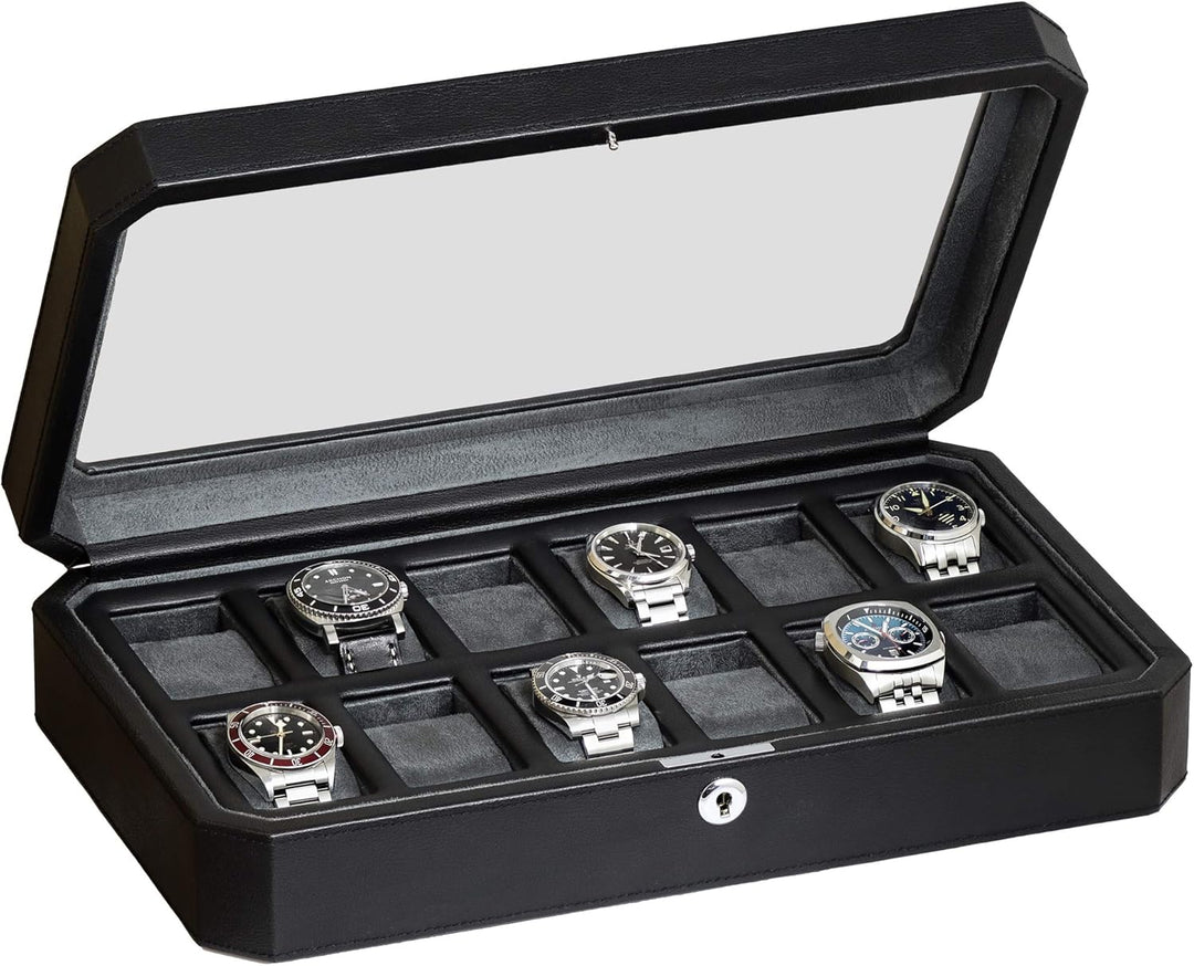 ROTHWELL 12 Slot Leder Uhrenbox für Herren - Luxus Uhrenetui Display Organizer, Herren Aufbewahrungs