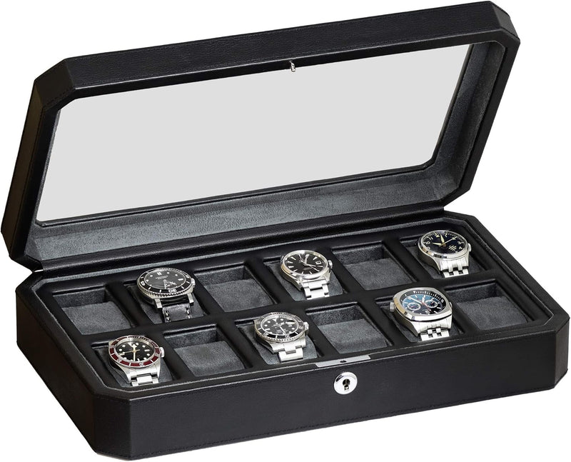 ROTHWELL 12 Slot Leder Uhrenbox für Herren - Luxus Uhrenetui Display Organizer, Herren Aufbewahrungs