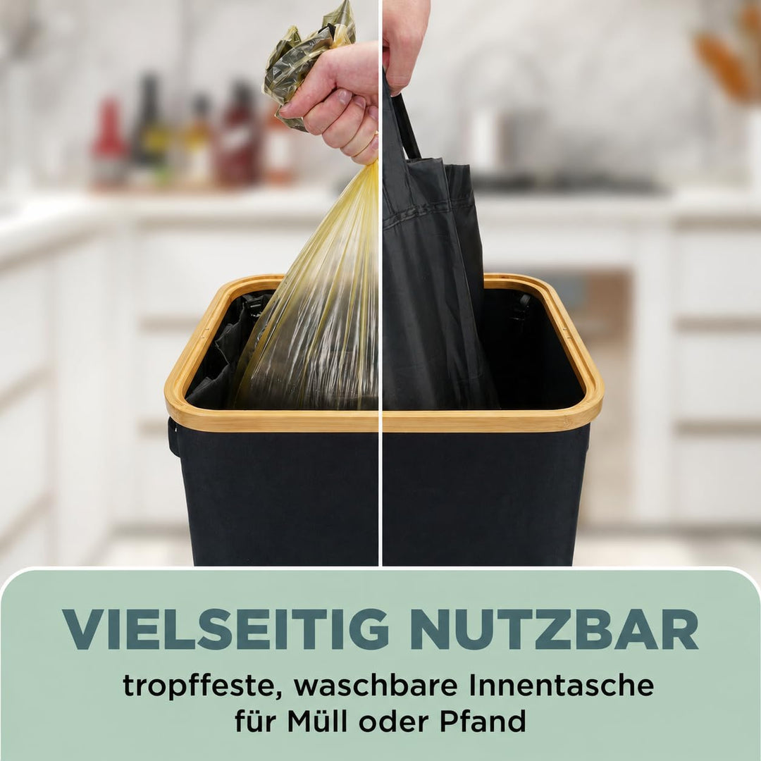 Müllsackhalter 90 Liter, moderner Stoff mit Bambusrahmen, Müllsackständer 90L, Mülleimer Mülltone ge