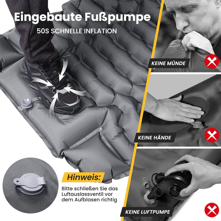 Isomatte Selbstaufblasend, Ultraleicht Camping Aufblasbare Matratze mit Fusspresse Pumpe und Kopfkis