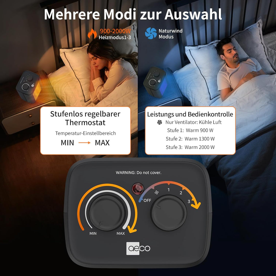 aeco EcoHeat One Heizlüfter klein 2000W energiesparend 3 Heizstufen Elektroheizung PTC Keramik Therm