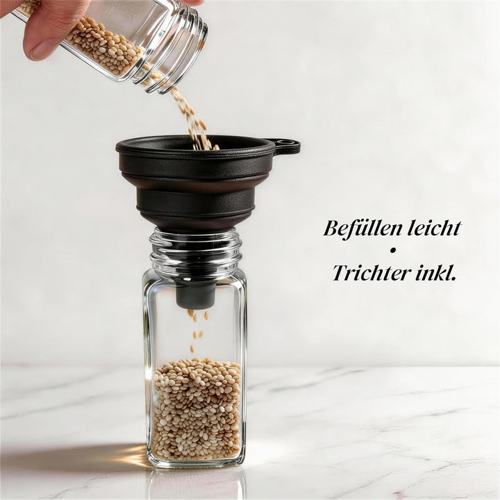 24er Set Gewürzgläser mit Streueinsatz - 120ml Eckig Gewürzdosen Glas mit Deckel Schwarz - Inkl. 342