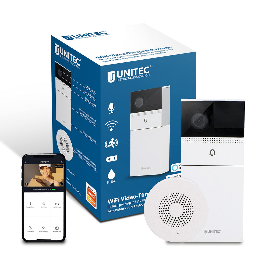 UNITEC WIFI Video-Türsprechanlage mit Smartphone App, Akku oder Festverdrahtung, mit WLAN Full HD Ka