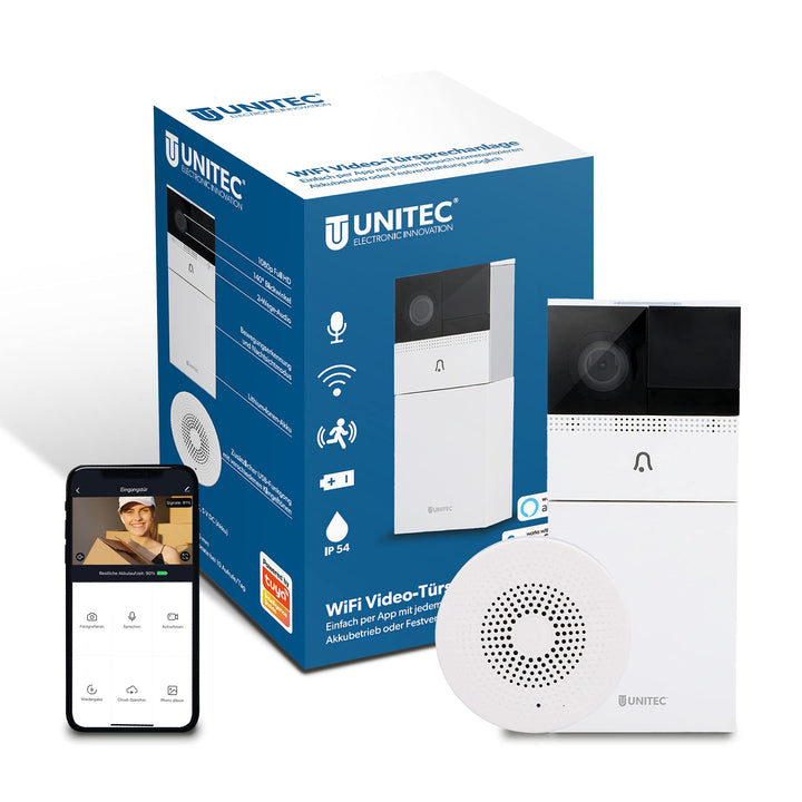 UNITEC WIFI Video-Türsprechanlage mit Smartphone App, Akku oder Festverdrahtung, mit WLAN Full HD Ka