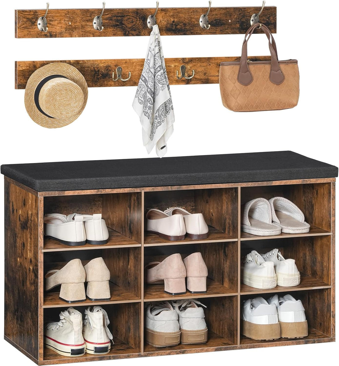 HOOBRO Garderobe Schuhregal Set, Schuhbank mit 9 Fächern, Schuhregal mit gepolsterter Sitzbank, Wand