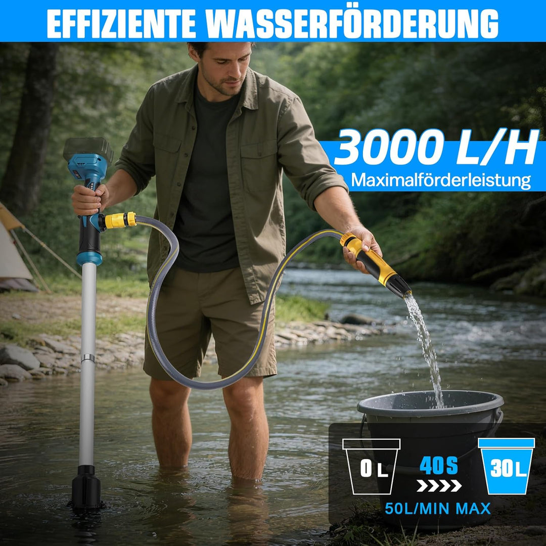 Akku Regenfasspumpe Kompatibel mit Makita 18V, Max. 3000 L/h, 6m Förderhöhe | Kabellose Wasserpumpe