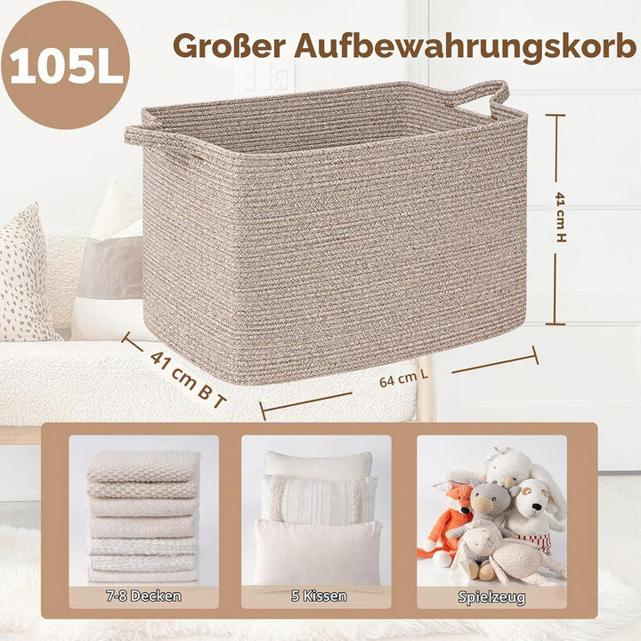 TIMEYARD 105L Grosser Aufbewahrungskorb, rechteckiger Korb aus Baumwollseil für Decken, Kleidung, Sp