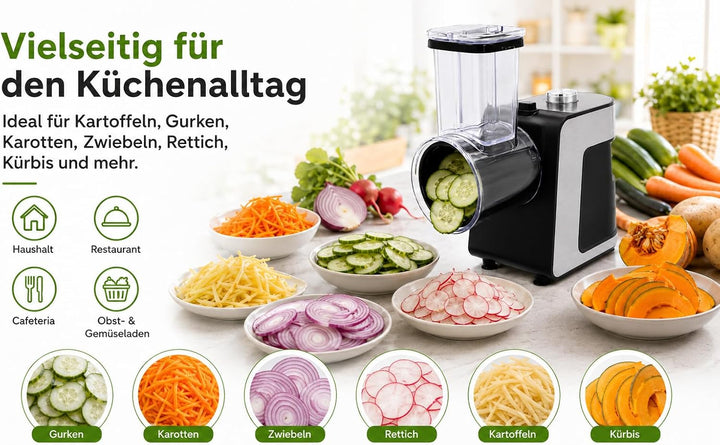 Elektrische Gemüsereibe, 1000 W, mit 10 Klingen aus Edelstahl, elektrischer Gemüseschneider für Karo