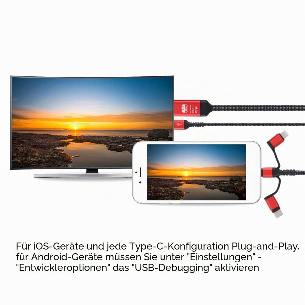 Telefon zu HDTV Adapterkabel, 3 in 1 USB Adapterkabel, Unterstützung 1080P Auflösung, für Fernseher