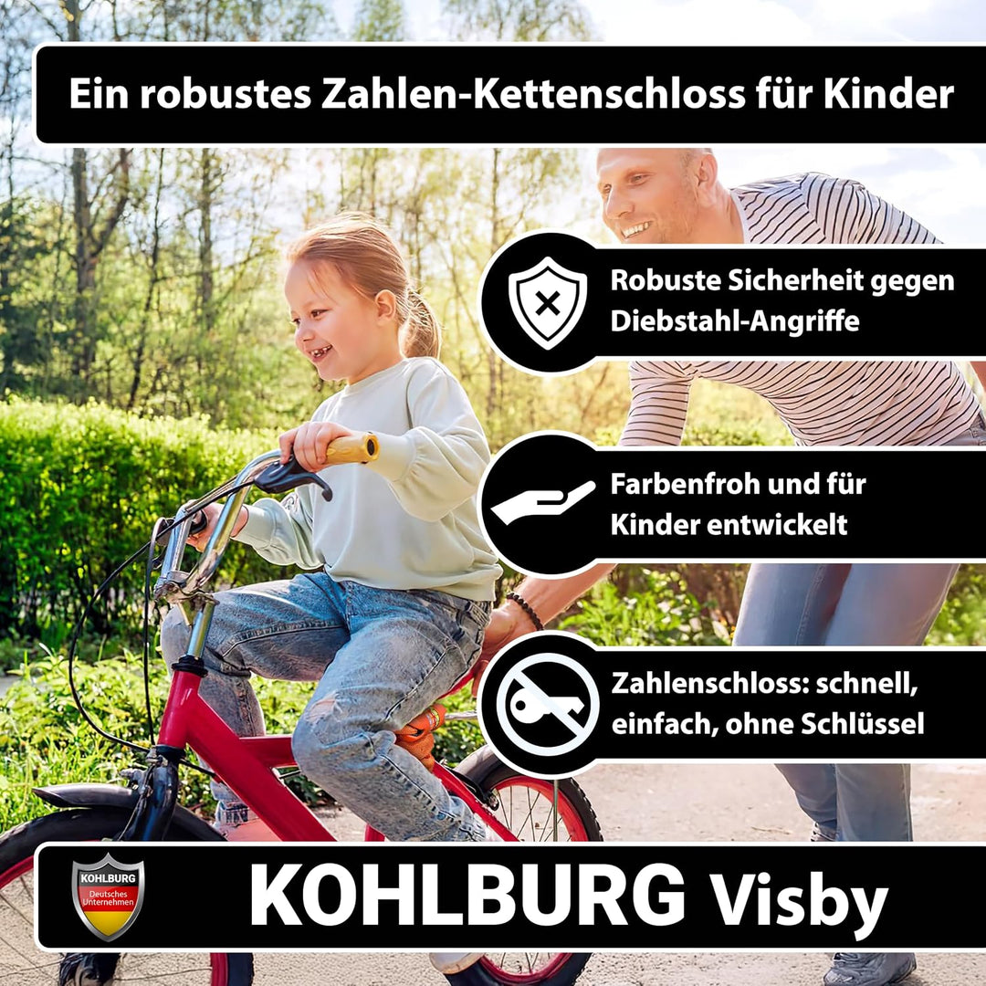 KOHLBURG Kinder Fahrradschloss Zahlenschloss 4 stellig [ohne Weichmacher, Stahlkette] - Kinderschlos