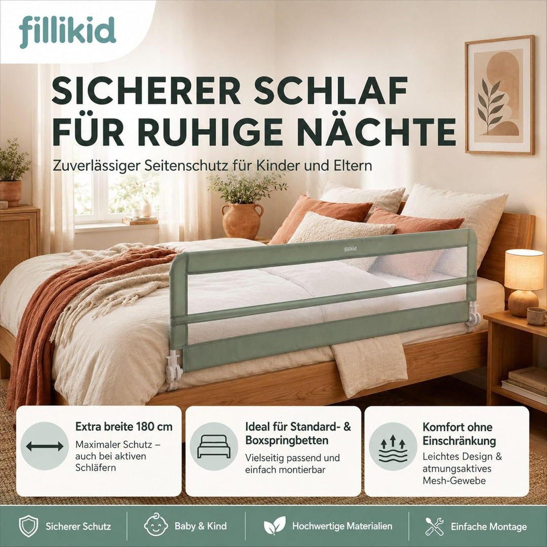 Fillikid Bettgitter Lina XL 180 x 50 cm Exklusiv | Rausfallschutz für Kinderbett & Boxspringbett | K