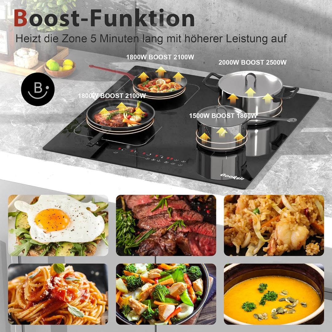 Induktionskochfeld mit Stecker, Cooksir Induktions Kochfeld 4 Platten, Einbau 60CM, Flexible Kombini