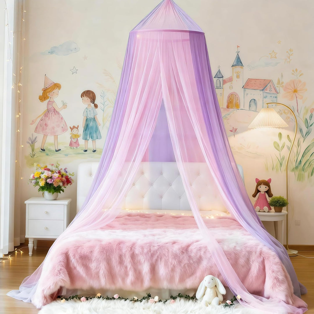 Eimilaly Zweifarbiger Betthimmel Moskitonetz rosa lila mit warmen Lichtern, Betthimmel für Mädchen Z