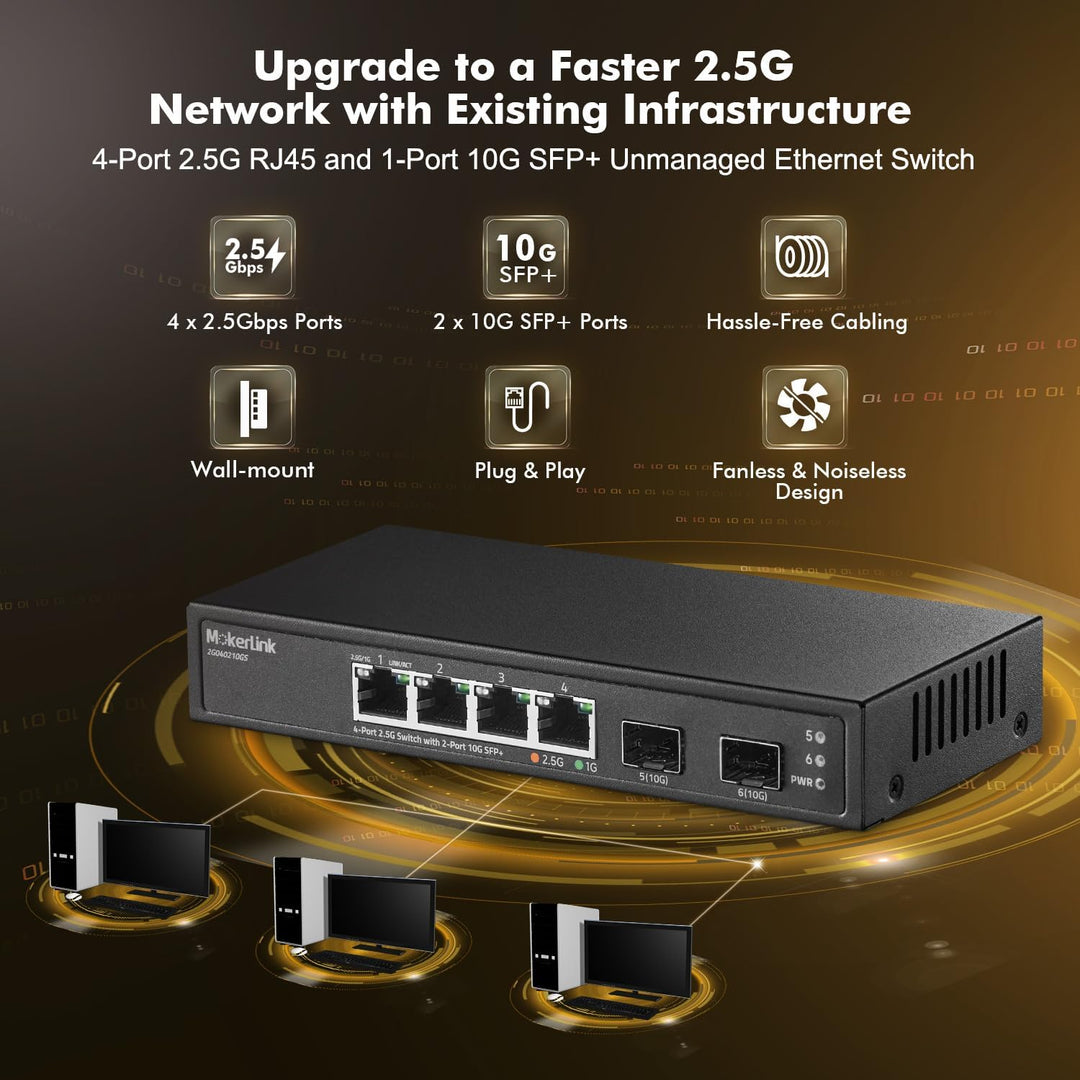 MokerLink 4 Port 2.5G Ethernet Switch mit 2 Port 10G SFP+ Slot, 4 x 2.5G Base-T Ports kompatibel mit