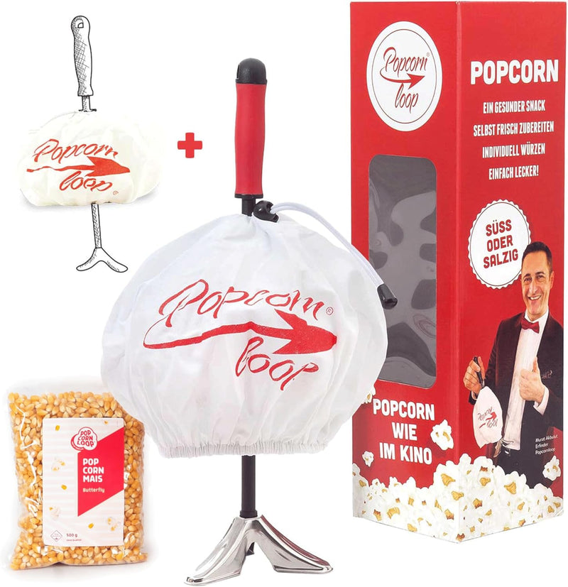 Popcornloop Heimkino Set mit Ersatzhaube und 500gr. Butterfly Mais Popcornmaschine für Popcorn Mais