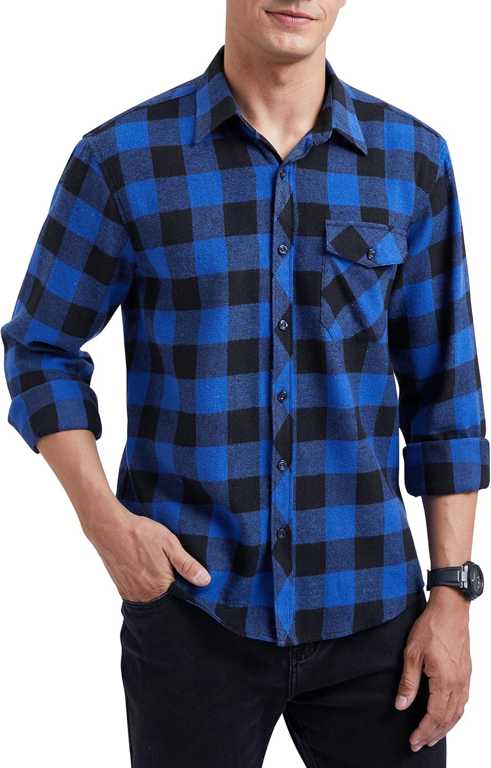 HISDERN Herren Hemd Checked Flanell Shirt, Herren Langarm Oberteil für Männer mit Brusttaschen, Butt