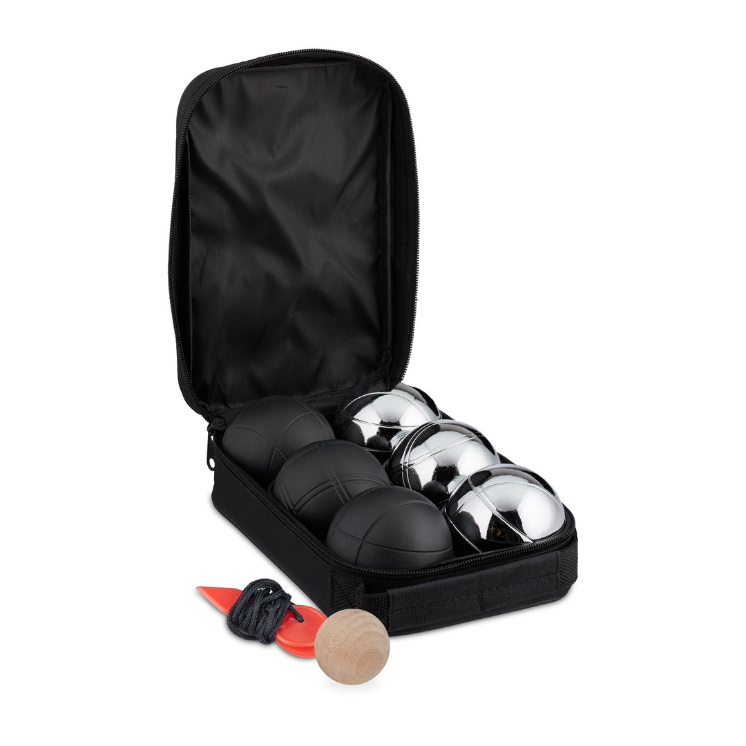 Relaxdays Boule Kugeln, 6 Metall-Kugeln, Set mit Zielkugel & Abstandsmesser, Tragetasche, Boccia Spi