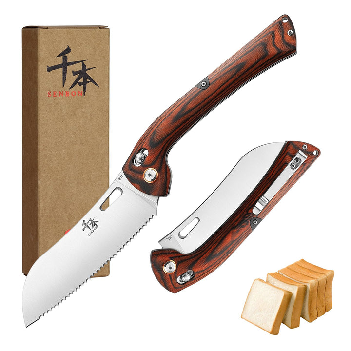 SENBON 440 Sharp Falten Gebäckmesser Bunte Holzgriff Camping Grill Outdoor Back Clip Tragbares Brot