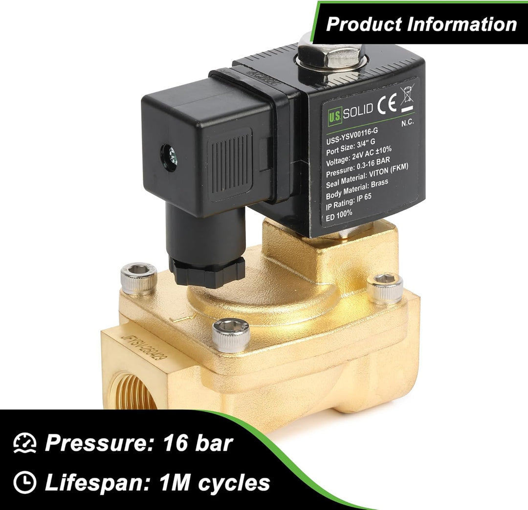 U.S. Solid Magnetventil Messing 3/4" 24V AC, 0,3-16 bar, stromlos geschlossen, VITON-Dichtung, G-Gew