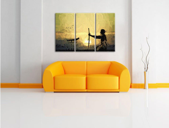 Pixxprint Samurai-Meister vor Horizont als Leinwandbild/Grösse: 3 Teilig (120x80 cm) cm/Wandbild/Kun