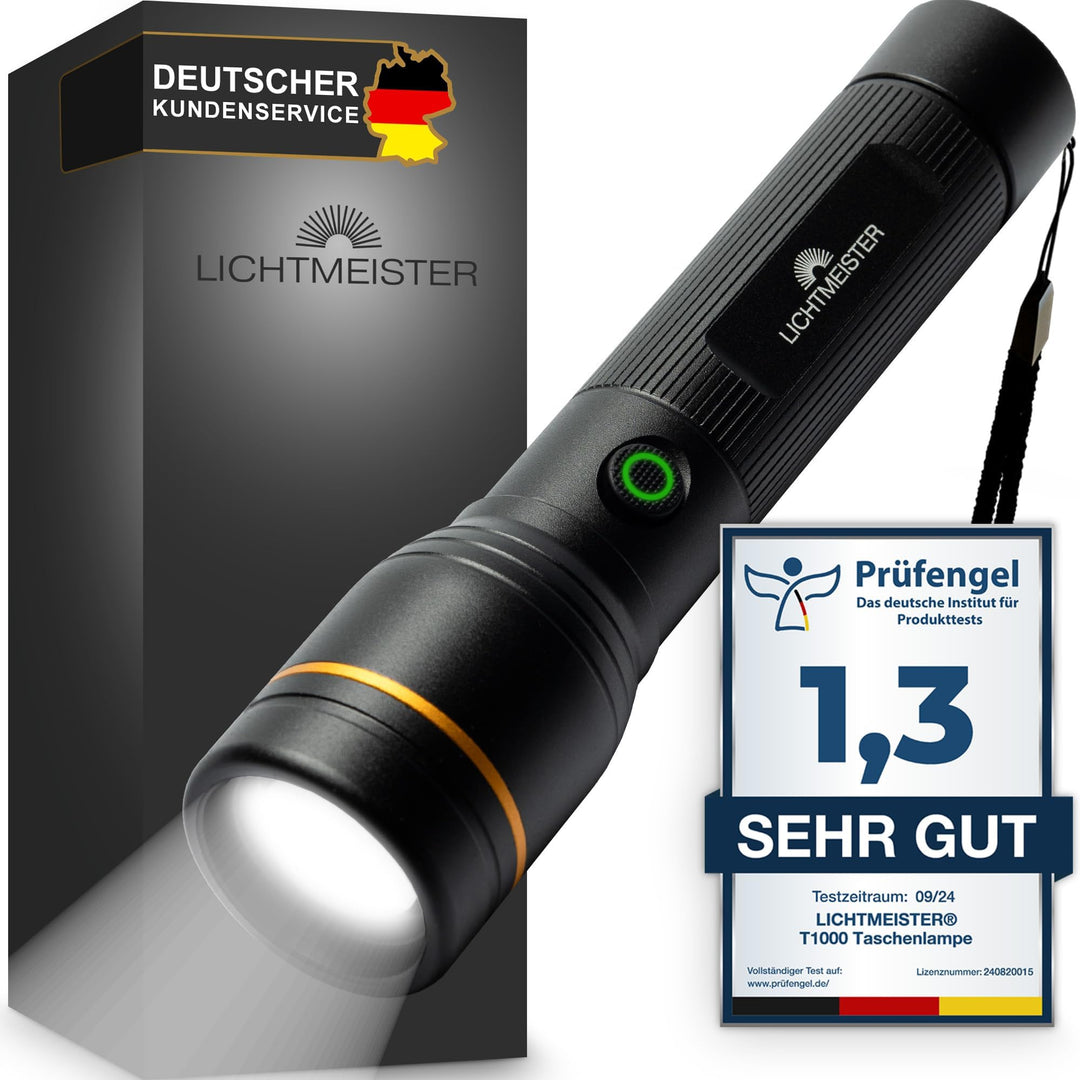 LICHTMEISTER® Taschenlampe (1000 Lumen, 4000 mAh Akku) - Taschenlampe LED aufladbar - LED Taschenlam