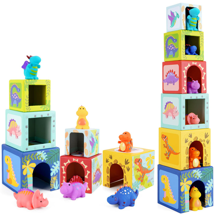 Baby Stapelwürfel und Stapelturm, Kinder Dinosaurier Montessori Spielzeug ab 1 2 3 Jahr, Geschenk ,