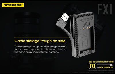 Nitecore FX1 Compacte Dubbel Lader voor Fujifilm NP FW126 (S) + USB, Schwarz Fuji W126/s, Fuji W126/