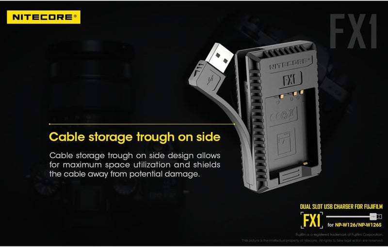 Nitecore FX1 Compacte Dubbel Lader voor Fujifilm NP FW126 (S) + USB, Schwarz Fuji W126/s, Fuji W126/