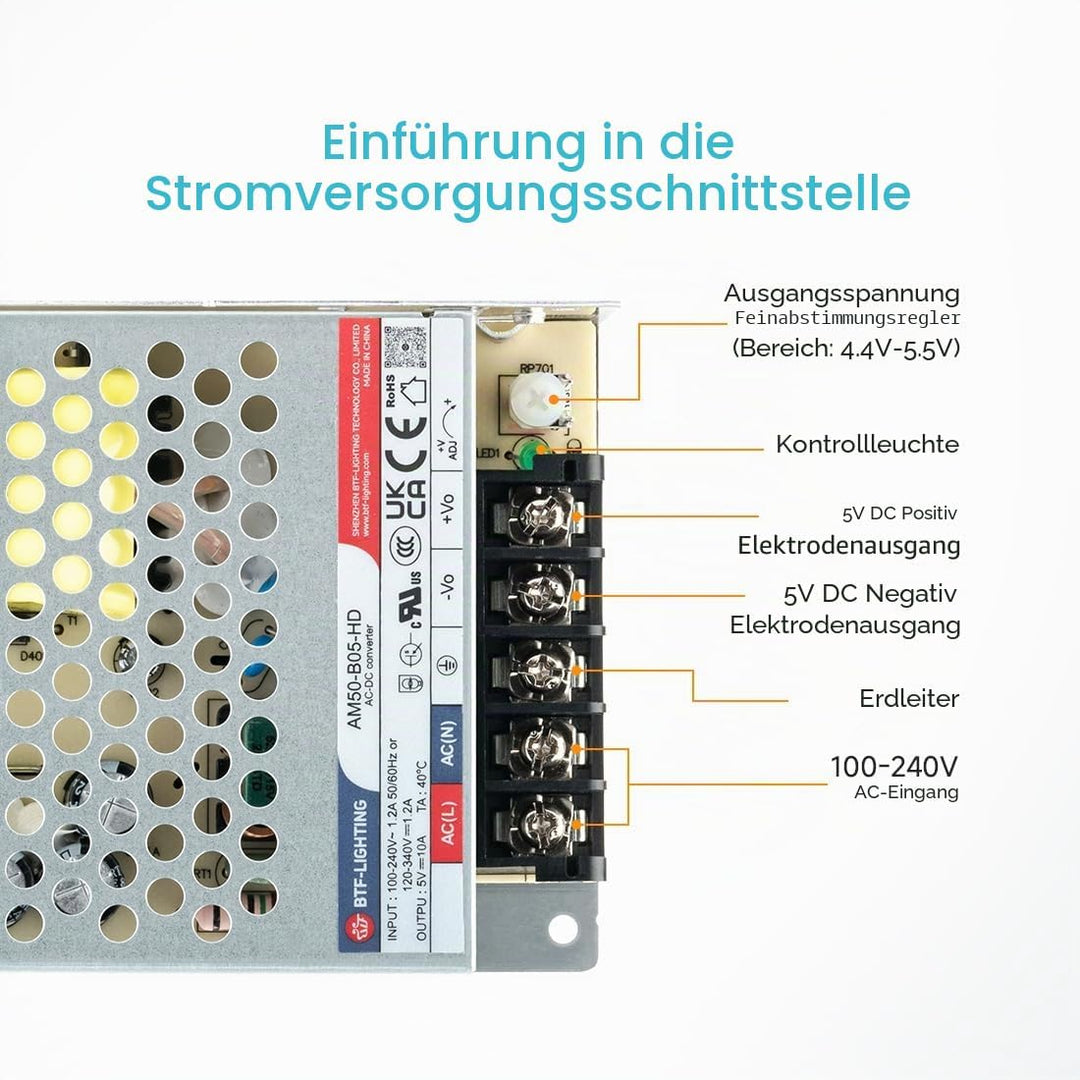 BTF-LIGHTING 50W 5V Netzteil CE Zertifiziert Aluminium LED-Treiber AC 100-240V zu DC 5V Transformato