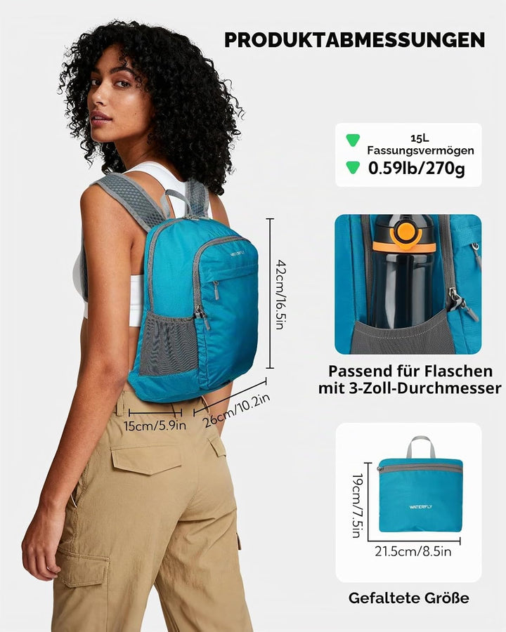 WATERFLY Faltbarer Rucksack Klein Ultraleicht: 15L Wanderrucksack Leicht Tagesrucksack Packable Dayp