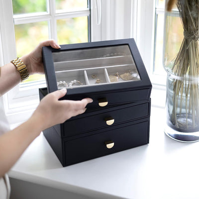 Stackers Navy Pebble Classic Jewellery Box - Set of 3 (with drawers), Navy