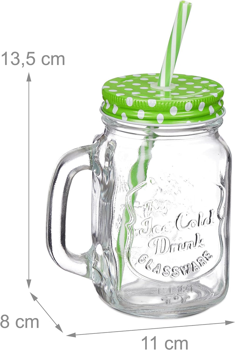 Relaxdays Trinkgläser mit Deckel und Strohhalm, 12er Set Limonadengläser, 500 ml, Retro Sommergläser