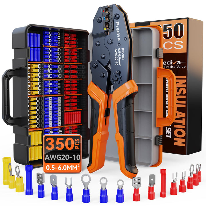 Preciva Crimpzange Set, Kabelschuhzange mit Ratschenmechanik + 350 farbcodierte Kabelverbinder (0,5-